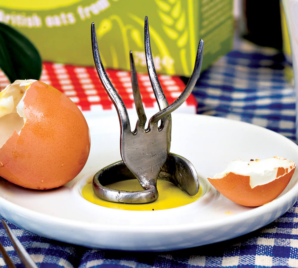 Egg cup made from a repurposed (recycled) fork