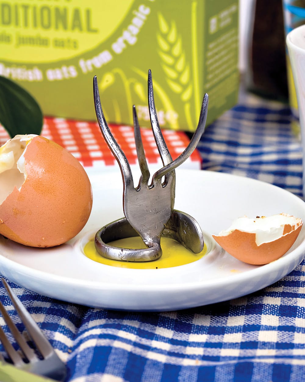Egg cup made from a repurposed (recycled) fork