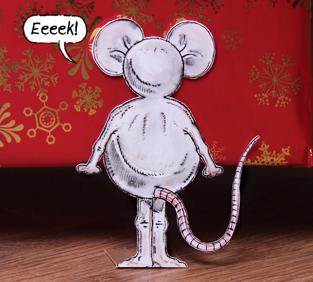 Cardboard mice stealing a present: a Christmas gift wrapping idea