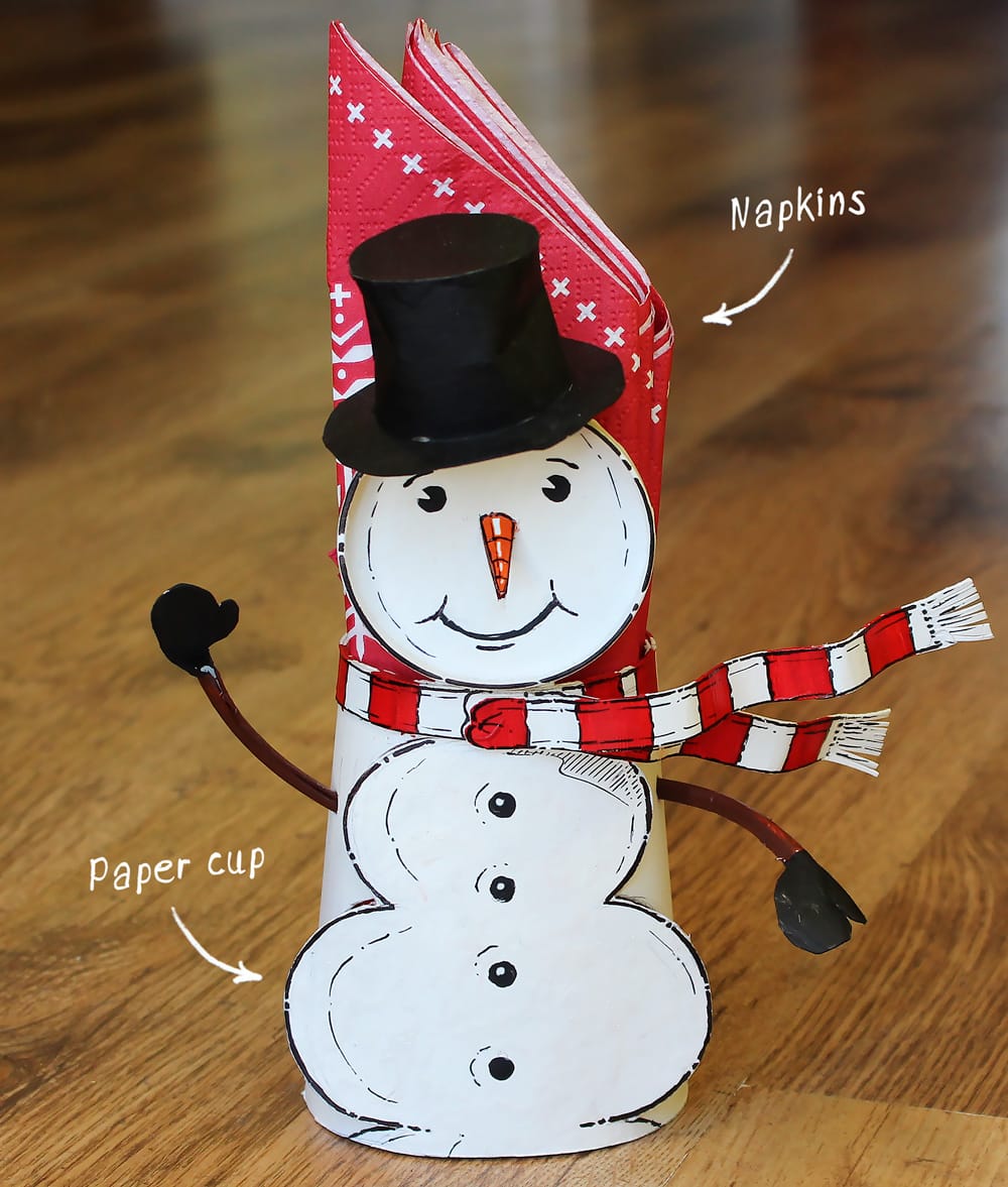 Repurposed paper cup snowman napkin holder