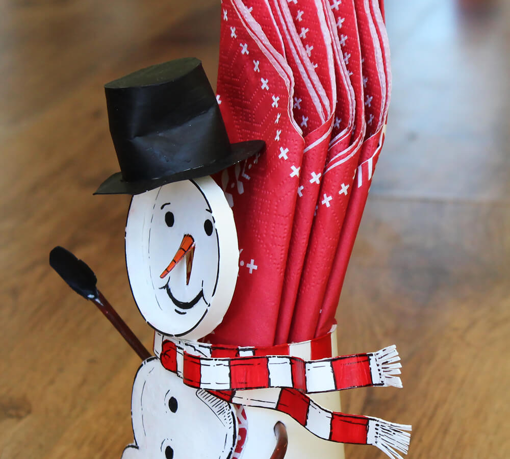 Repurposed paper cup snowman napkin holder