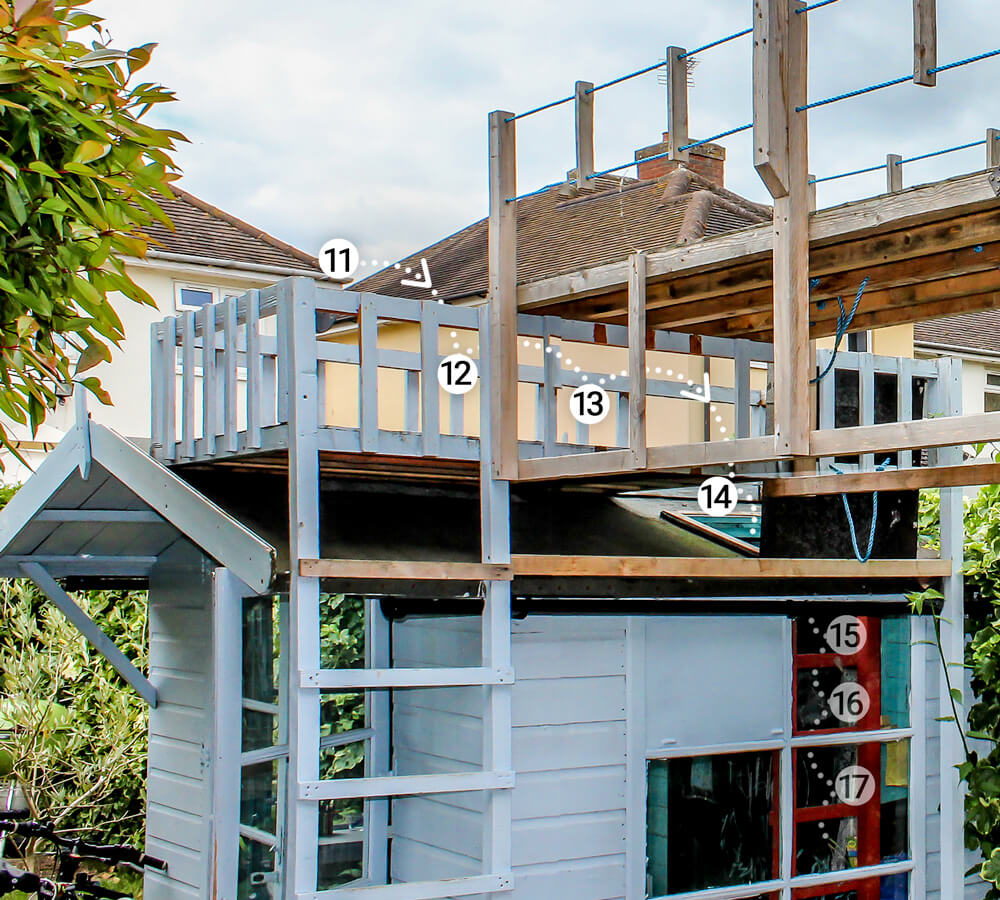 Cool treeless treehouse built onto a garden shed